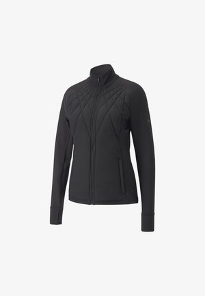 Chaqueta de mujer negra con cremallera completa, paneles delanteros acolchados, cuello alto, mangas largas y bolsillos laterales.