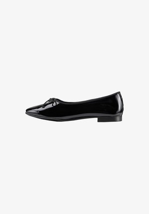 Ballerines noires en cuir verni avec un bout pointu, doublure douce et un petit nœud sur le devant. Design minimaliste et talon bas.