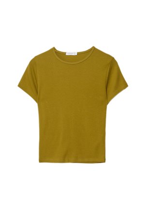 T-shirt a maniche corte, collo rotondo, in cotone verde oliva, con una vestibilità comoda e una superficie liscia. Senza fantasie né decorazioni.