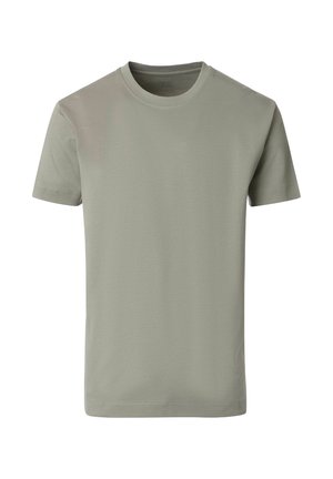 Schlichtes Kurzarm-T-Shirt mit Rundhalsausschnitt in gedämpftem Salbeigrün, aus glattem Stoff und mit normaler Passform, auf weißem Hintergrund frontseitig präsentiert.