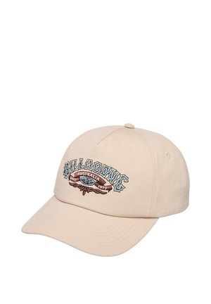 Beige baseballpet met gebogen klep met geborduurd vintage-stijl Billabong Australia-logo in blauw, bruin en wit op het voorpaneel.