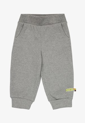 Pantaloni della tuta grigi a coste con vita elasticizzata, tasche laterali e polsini elastici. Presenta un piccolo cartellino del marchio multicolore.