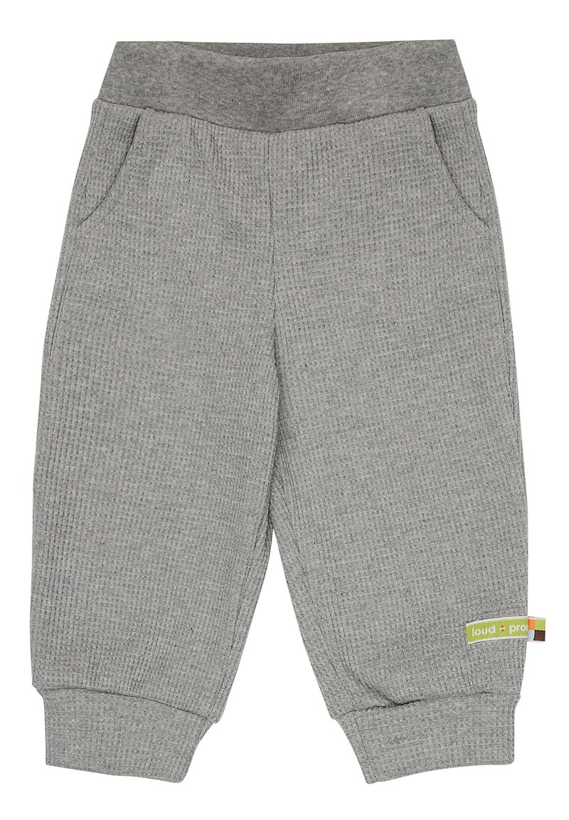 Graue gerippte Jogginghosen mit einem elastischen Bund, Seitentaschen und elastischen Bündchen. Besitzt ein kleines mehrfarbiges Markenetikett.