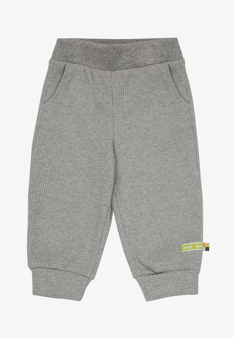 Grijze geribbelde sweatpants met een elastische tailleband, zijzakken en elastische boorden. Voorzien van een klein meerkleurig merkteken.