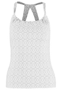 Haut sans manches gris clair avec motif géométrique texturé et design à bretelles dos nageur.
