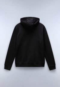 Felpa nera con cappuccio distesa, vista posteriore, maniche lunghe, polsini e orlo a coste, su sfondo grigio chiaro uniforme.