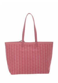 Sac fourre-tout rose avec un motif géométrique texturé, deux longues poignées et une forme structurée. Fabriqué en cuir synthétique.