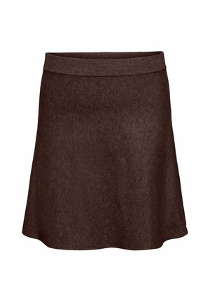 Brun strikket nederdel til knæet med en ribbet elastisk talje og en let vidde ved kanten.