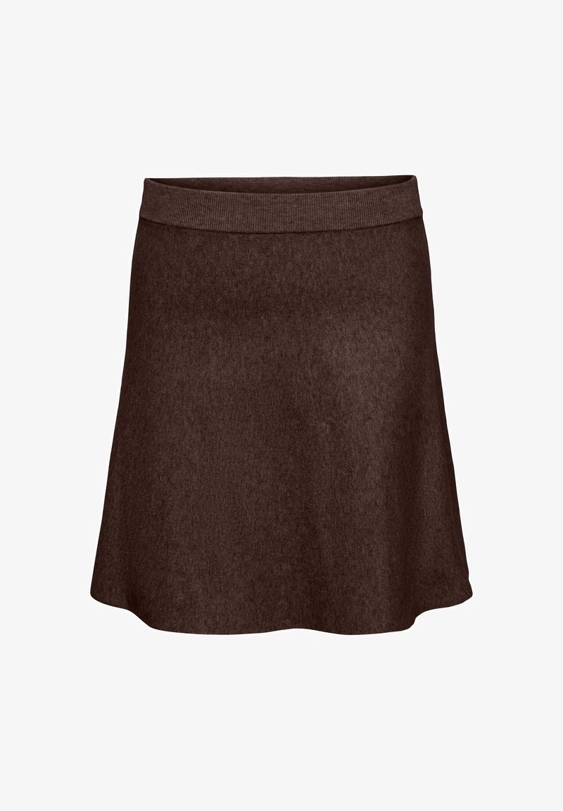 Jupe tricotée marron longueur genou avec une ceinture élastique côtelée et un léger évasement à l'ourlet.