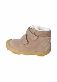 Tan suede Stiefeletten mit flauschiger Innenausstattung und doppelten Klettverschlüssen. Runde Zehenpartie und strukturierte Gummisohle für guten Halt.
