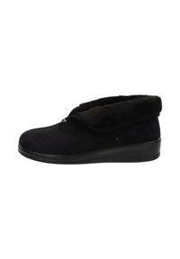 Zwarte slipper met een nepbont kraag, een gladde textuur, een lage hak en gestikt detail op de bovenkant. Zachte voering voor comfort.