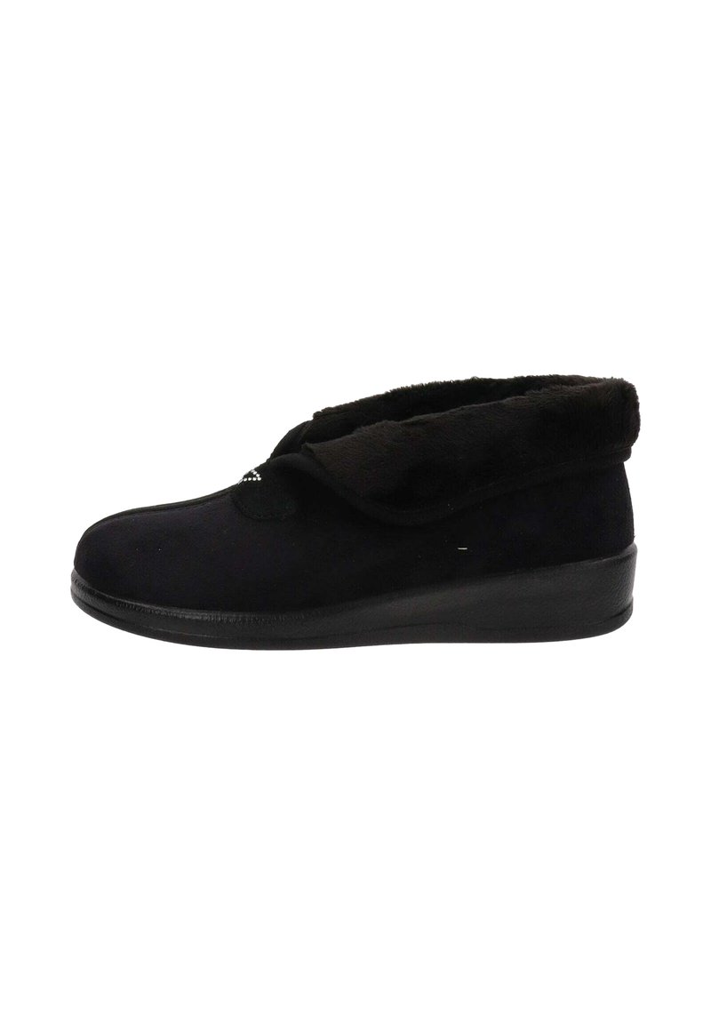 Zwarte slipper met een nepbont kraag, een gladde textuur, een lage hak en gestikt detail op de bovenkant. Zachte voering voor comfort.