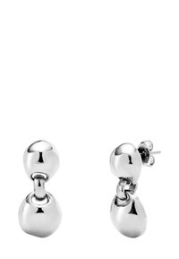 Boucles d'oreilles en métal argenté avec un design arrondi en maillons aux surfaces lisses et réfléchissantes, présentant des formes variées. Fermoir à tige pour un port sécurisé.
