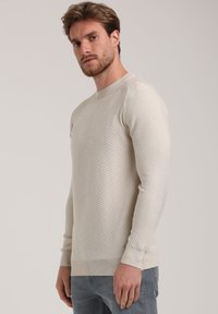 Hellbeige Pullover aus strukturiertem, rautenförmigem Stoff, mit geripptem Ausschnitt, Bündchen und Saum; taillierter Schnitt mit langen Ärmeln.