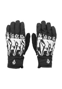 Gants noirs avec motif graphique blanc ; matériau texturé, doigts allongés, poignets élastiques et accent de logo au niveau du poignet.