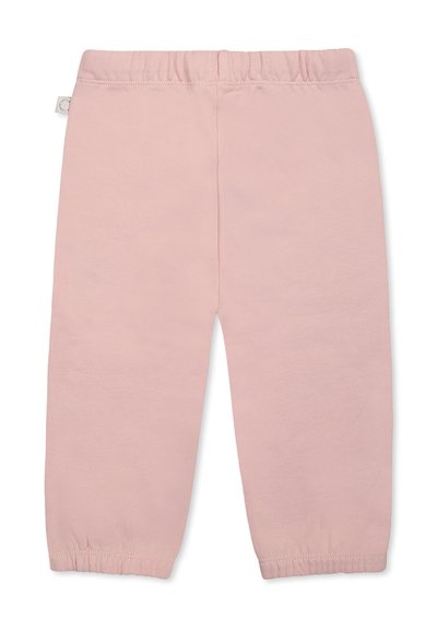 Pantaloni capri in cotone rosa chiaro con vita elasticizzata e polsini arricciati alle caviglie, caratterizzati da una consistenza liscia e senza motivi visibili.
