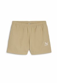 Beige Shorts mit einem elastischen Bund, zwei Seitentaschen und einem weißen Puma-Logo, das auf der linken Seite aufgedruckt ist. Weicher, leichter Stoff.