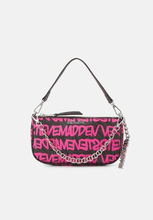 Small rectangular black and pink bag with bold "Steve Madden" text all over, featuring a black strap and silver chain with a logo charm.