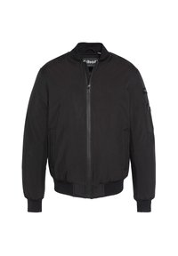 Schwarze Bomberjacke aus glattem Stoff, mit Reißverschluss auf der Vorderseite, gerippten Bündchen und einer Seitentasche mit Klappendetail.