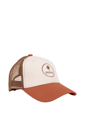 Cappellino da baseball con pannello frontale crema, rete marrone sul retro, visiera color ruggine e logo circolare con un albero e la scritta "FAGUO".