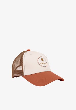 Cappellino da baseball con pannello frontale crema, rete marrone sul retro, visiera color ruggine e logo circolare con un albero e la scritta "FAGUO".
