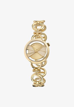 Reloj de oro con una esfera redonda y diseño en forma de abanico, correa de eslabones y acentos claros. Textura suave con un acabado pulido.