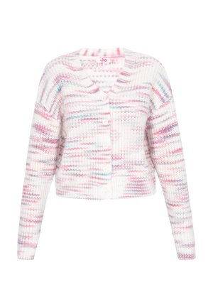 Adīta džemperis baltā krāsā ar rozā un zils svītrām, ar pogu priekšpusē, ribotu apakšmalu un garām piedurknēm.