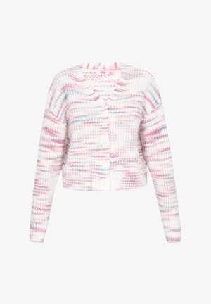 Kootud kardigan valge, roosa ja sinise triibuga, millel on nööbid ees, ribatud alläär ja pikad varrukad.