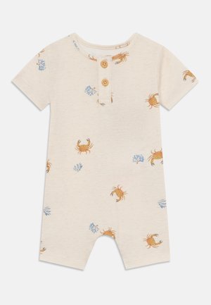 Combinaison beige pour bébé à manches courtes, deux boutons en bois sur le devant, avec un motif crabe et corail.
