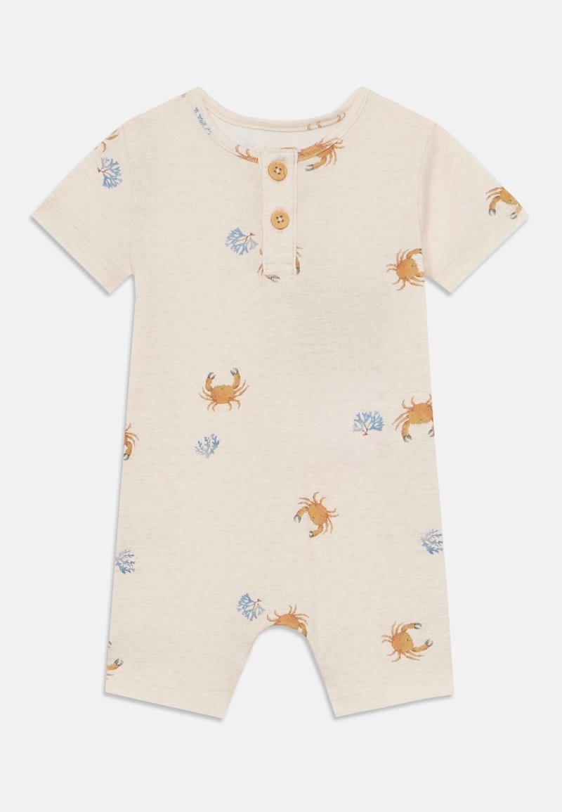 Combinaison beige pour bébé à manches courtes, deux boutons en bois sur le devant, avec un motif crabe et corail.