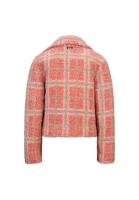 Fleecejack met een geruit patroon in roze en crème. Verkorte ontwerp met een kraag en lange mouwen. Zachte, gestructureerde stof.