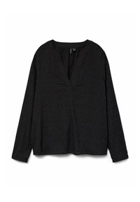 Blusa negra de manga larga con escote en V, patrón texturizado y corte holgado. La tela parece ligera y suave, lo que aumenta la comodidad.