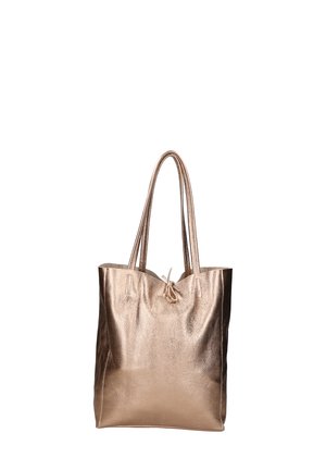 Metalen bronzen draagtas met twee lange handvatten. Textuur oppervlak, open bovenkant met een striksluiting en een ruime indeling voor het dragen van spullen.