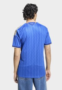 Blå sporttröja med lövmönster, korta ärmar och rund halsringning. Har gula detaljer på axlarna och en textdetalj vid kragen.