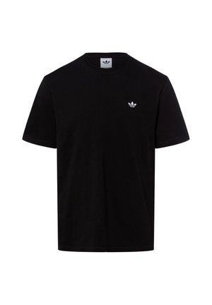 Schwarzes T-Shirt mit kurzen Ärmeln, kleinem weißem Adidas Trefoil-Logo auf der linken Brust und Rundhalsausschnitt.
