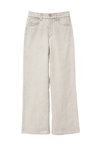 Jeans de pernera ancha en denim de algodón gris claro. Presenta una cintura alta, bolsillos frontales y un dobladillo sin rematar en el tobillo. Diseño clásico de cinco bolsillos.