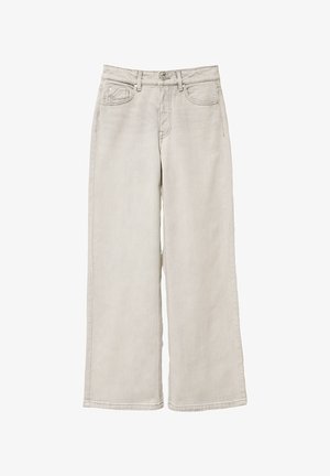 Jeans z szerokimi nogawkami wykonane z jasnoszarego denimu bawełnianego. Posiadają wysoki stan, kieszenie z przodu i surowy brzeg na kostkach. Klasyczny design z pięcioma kieszeniami.