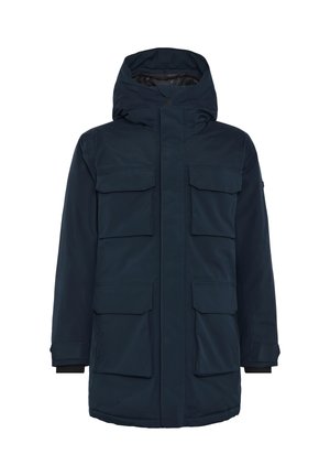 Mørkeblå parka-jakke lavet af vandtæt materiale, med hætte, flere forlommer og elastiske manchetter for en sikker pasform.