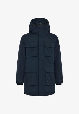 Marineblaue Parka-Jacke aus wasserdichtem Material, ausgestattet mit Kapuze, mehreren Fronttaschen und elastischen Bündchen für einen sicheren Sitz.