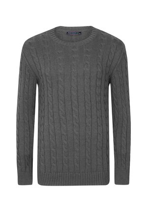 Maglione grigio lavorato a maglia con motivo a trecce, scollatura a girocollo e polsini e orlo a coste. Tessuto morbido, vestibilità standard.