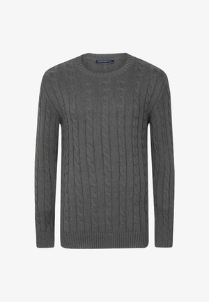 Hallitatud hall kudum, millel on näputöötatud soonikmuster, ümmargune kaelus ning soonikud varrukatel ja all. Sile tekstuur, tavaline istuvus.