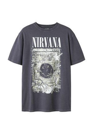 Donkergrijze T-shirt met de tekst "NIRVANA" boven een vintage-achtige onderwaterontwerp met een smiley, zeepaardjes, een baby en een gitaar.