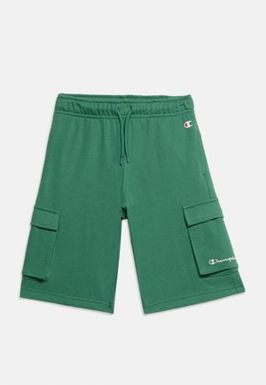Grüne Cargo-Shorts mit elastischem Bund, Kordelzug, seitlichen Klappentaschen und kleinem Champion-Logo auf der rechten Tasche und am Bund.