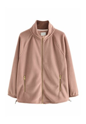 Fleece jack met ritssluiting in zacht roze, met een hoge kraag, raglanmouwen en twee zijzakken met rits en gouden hardware accenten.