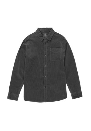 Chemise en velours côtelé gris foncé à manches longues, fermeture par boutons, col pointu et poche poitrine avec un détail cousu.