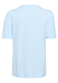 Lysblå bomulds T-shirt med korte ærmer, rund hals og subtile pufdetaljer på skuldrene. Glat tekstur, afslappet pasform.