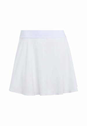 Witte A-lijn rok met een brede tailleband, tot op de knie, gemaakt van gladde stof, getoond tegen een effen witte achtergrond.