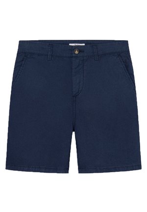 Marineblaue Shorts aus einem Baumwollmischgewebe. Sie verfügen über einen vorderen Knopfverschluss, zwei Seitentaschen und einen geraden Saum.