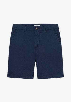 Navy blue shorts made of cotton blend fabric. Features include a front button closure, two side pockets, and straight cut hem.