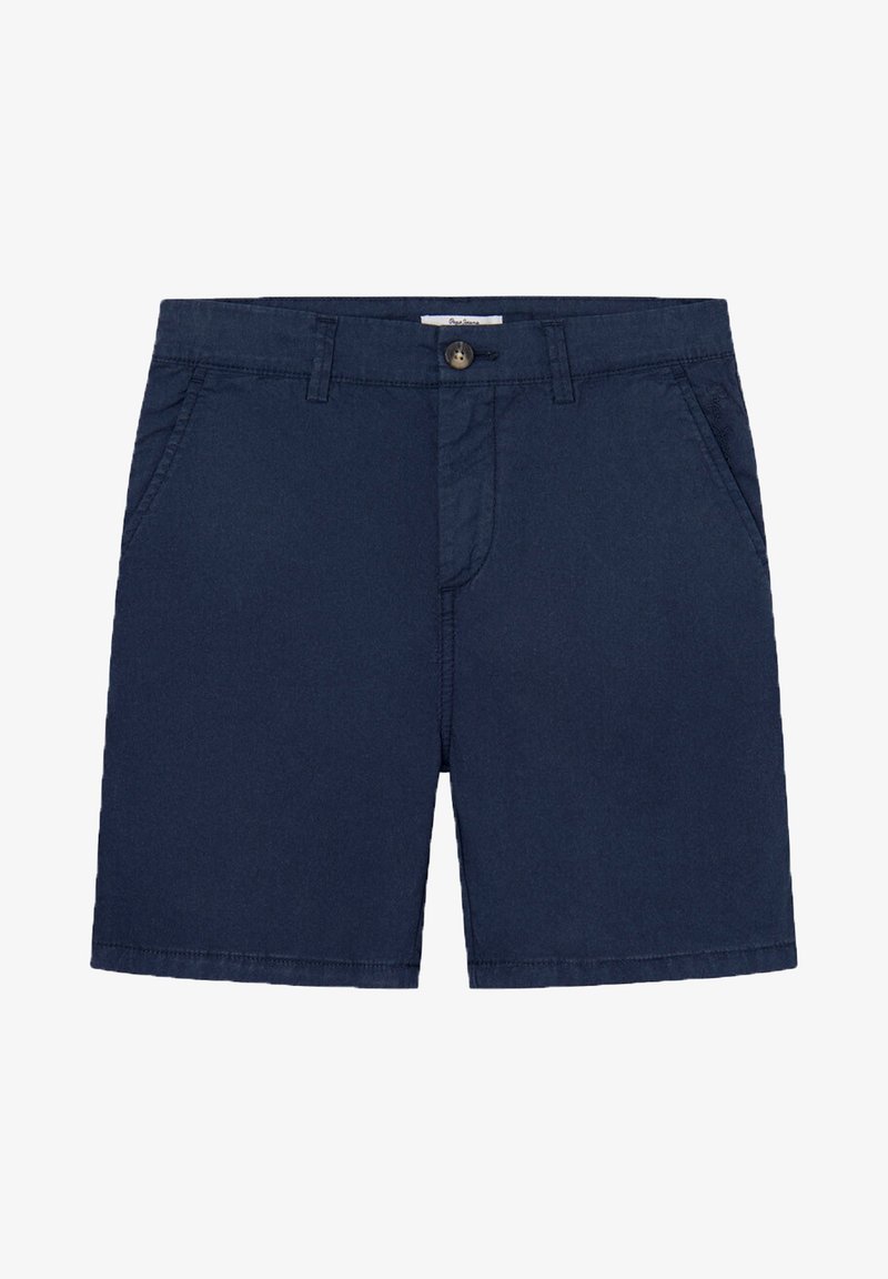 Shorts bleu marine en tissu mélangé coton. Comprennent une fermeture frontale à bouton, deux poches latérales et un ourlet à coupe droite.